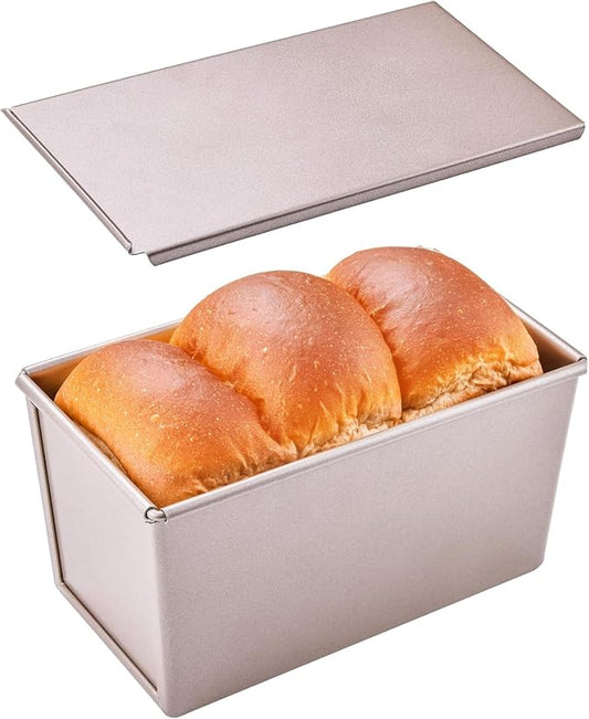 Commercial Pullman Loaf Pan with Lid, 1Lb Dough Capacity Non-stick Rectangle Flat Toast Box for Oven Baking 8.3" x 4.8" x 4.3"(Champagne Gold)