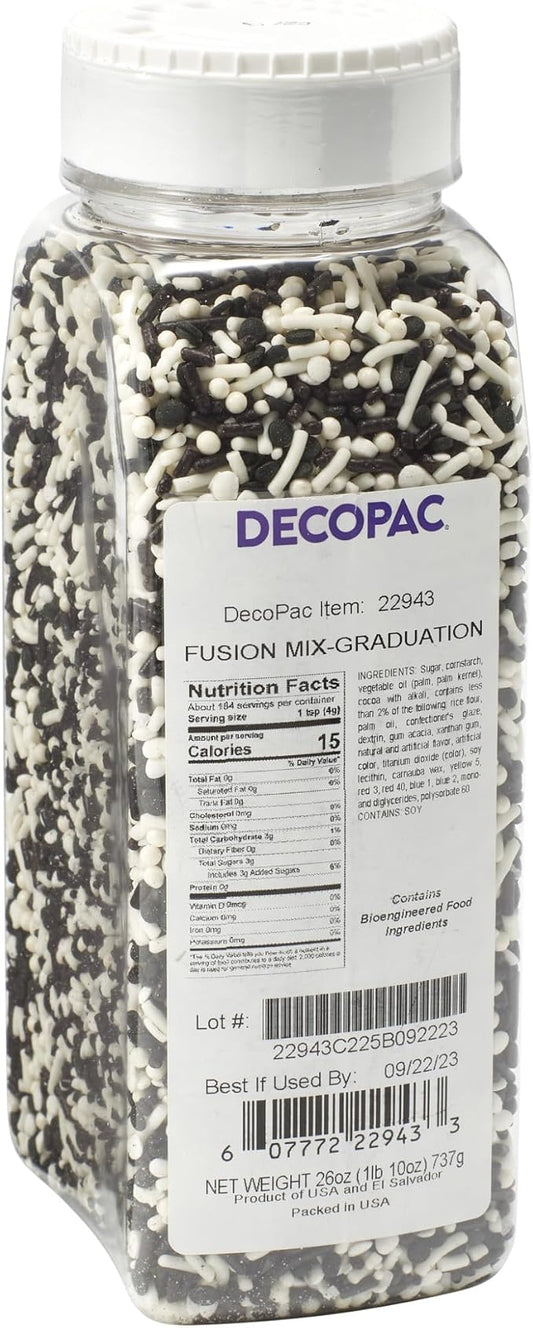 DecoPac Graduation Fusion Mix Candy Sprinkles, 26oz, Fancy Sprinkles in Handheld Container, Edible Black And White Sprinkles For Celebration Cakes, Cupcakes, Cookies and Donuts