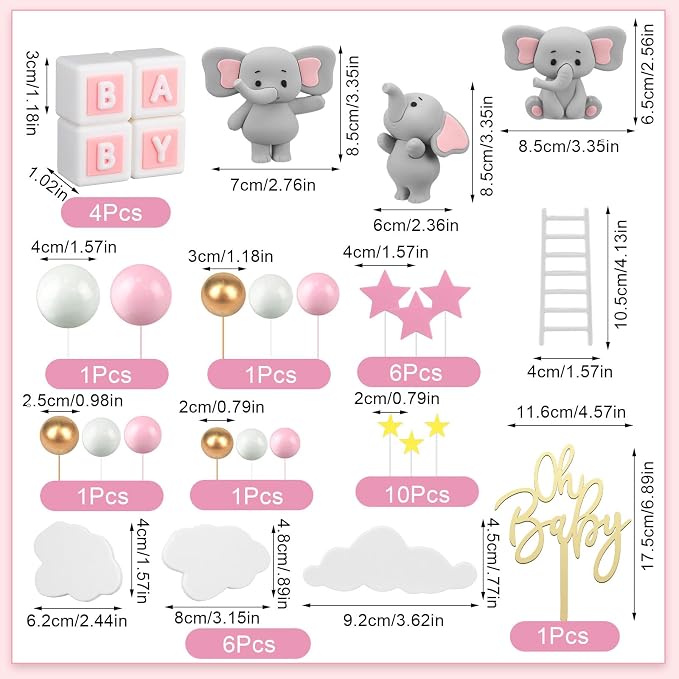 Yinder Bear Cake Toppers Mini Bear Cake Decorations Cake Toppers Gold White Pearl Ball for Birthday Party Decorations(Gray, Pink,Elephant Style)