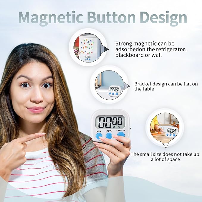4 Pack White Digital Kitchen Timer Magnetic Digital Timer with Big Display Loud Ring Cooking Timers for Cooking, Game, Gym, Break Time, Classroom (4, White)