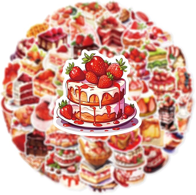 50 Pcs Cute Strawberry Dessert Stickers, Watercolor Food Stickers, Waterproof Vinyl Stickers for Journals, Water Bottles, Laptops, Scrapbooking (Strawberry Dessert)