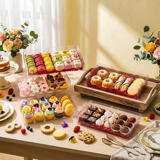 RomanticBaking 24PCS 12x5x2 Inches Clear Valentines Strawberry Boxes Cookie & Macaron Gift Boxes for Party Favors