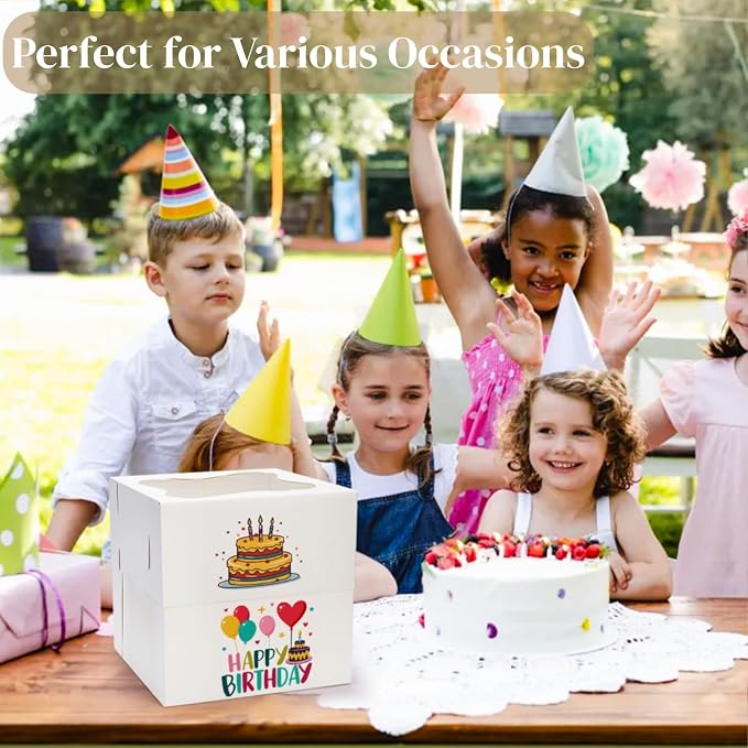 Pumtus 15 PCS Tall Cake Boxes, Square Cake Box with Window in 3 Sizes 12x12x12 10x10x10 8x8x8 Inches, Cardboard Tier Cake Bakery Container, Disposable Dessert Pie Takeout Carrier for Wedding Birthday