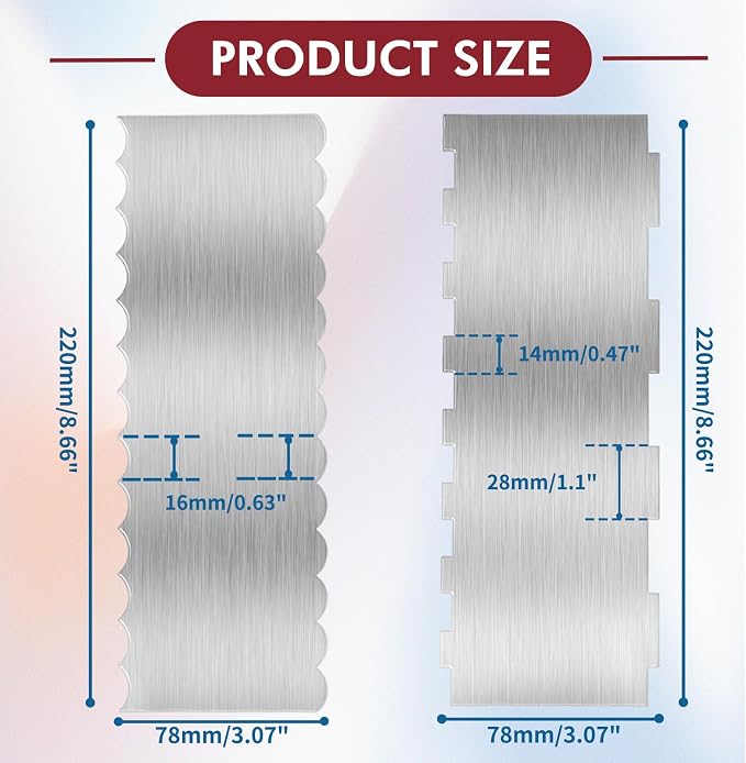 2 Pack 8.7 Inch Stainless Steel Cake Scraper, Double Sided Patterned Edge Stripe Edge Smoother Scraper Frosting Scraper Cake Decorating Comb for Mousse Butter Cream - Style 2