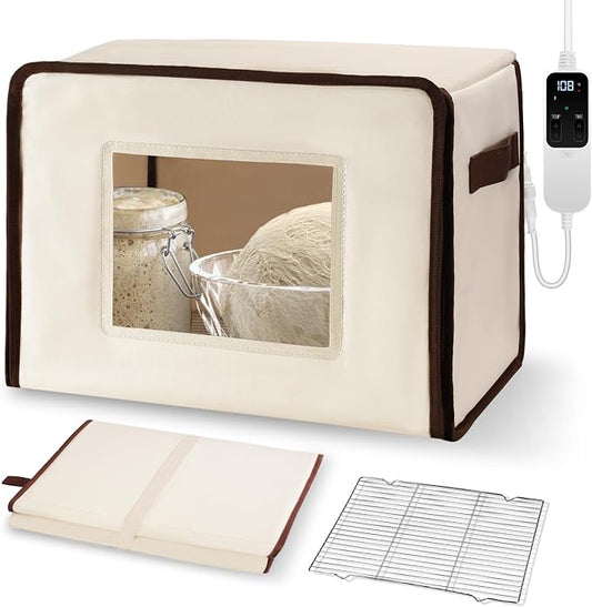 Folding Bread Proofing Box with 68-115℉ Temp Control, 2-48H Timer & 3-Sided Heating, Dough Proofing Box with Metal Rack for Sourdough Bread Baking Supplies, Pizza, Yogurt, Kombucha (Beige)
