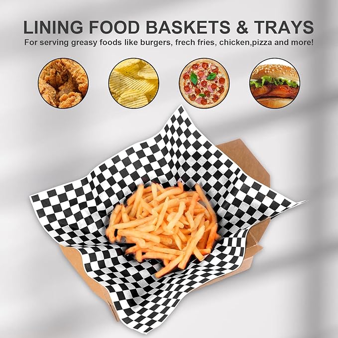 100pcs Deli Paper Sheets 12x12", Premium Food Basket Liners, Grease Resistant Wax Paper Sheets for Food, Classic Checkered Sandwich Wrapping Paper (Black & White Checkered)