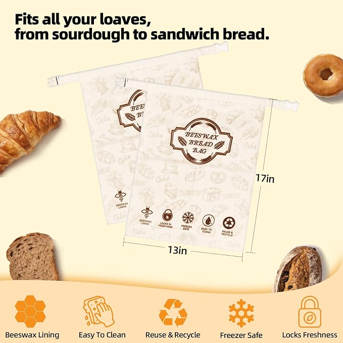 2 Pack Beeswax Bread Bags for Sourdough Homemade Bread, Organic Linen Reusable Natural Bread Storage Bag, Keep Fresh Moisture, Freezer-Friendly, Large Capacity Food Storage Cloth Bag