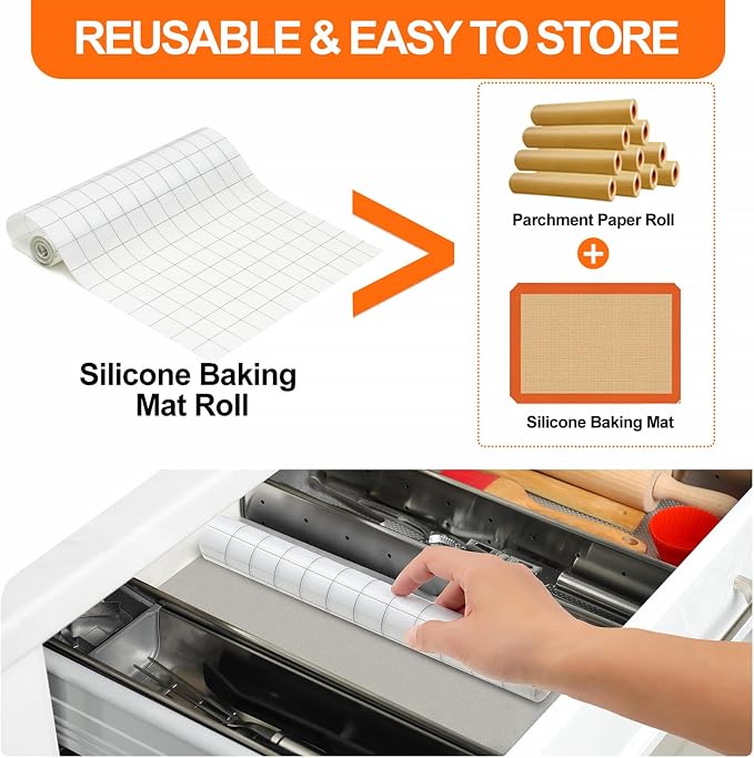 Silicone Baking Mat Roll, 12IN*5.25FT Non Stick Heat Resistant Baking Mats,No Slip Reusable Freeze Dryer Mat,Pastry Mat,Countertop Mat, Cut to size fit different Sharp Oven Pans Dishes Tins, White