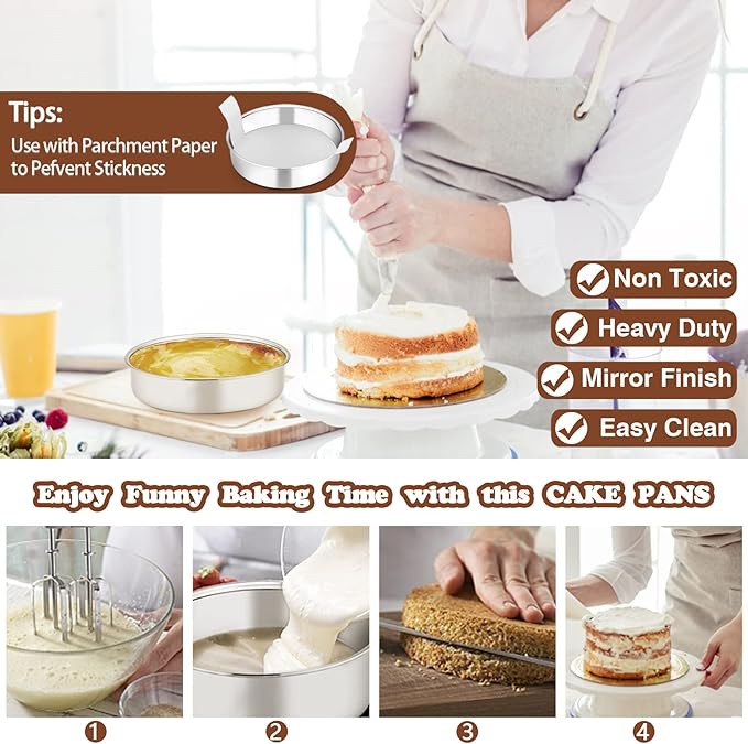 P&P CHEF Cake Pans Sets for Baking, 4" + 4" + 6" + 6" 4 Piece Stainless Steel Round Cake Pans Tin, Oven/Pot/Dishwasher Safe, Combination of Different Sizes, Leak-proof & Easy Clean