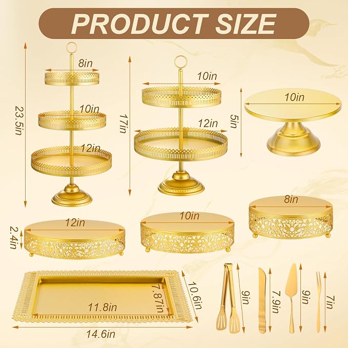 Wenqik 21 Pcs Gold Cake Stand Set Metal Dessert Display Set Tiered Cupcake Holder Square Serving Trays Round Tower Tray Platter for Wedding Birthday Party Celebration (Elegant Style)