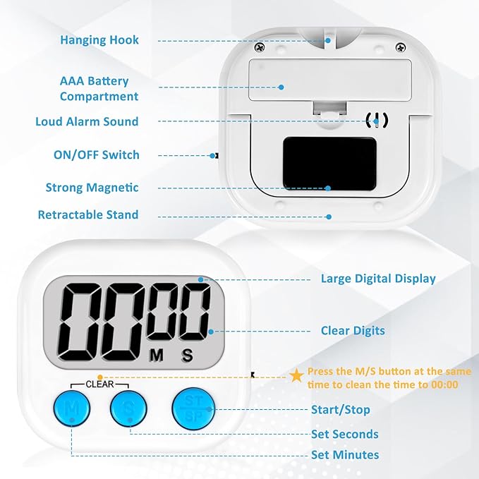 ZILLEEN 12 Pack Kitchen Timers for Cooking Digital Classroom Timers for Teachers Kids White Blue Green