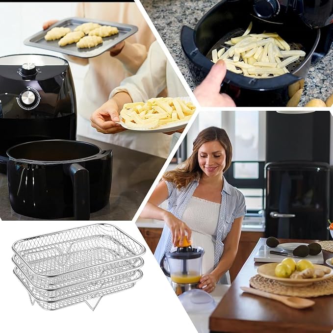 3 Layer Rectangle Air Fryer Rack Roasting Rack Fryer Cooling Tray Stackable Dehydrator Racks Rectangle Airfryer Basket Tray Mesh Roasting Racks Airfryer Accessories (Rectangle)