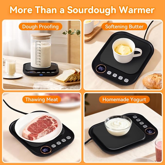 Sourdough Starter Warmer Mat, Sourdough Heating Mat for Jars up to 40 oz with Temp Memory Function & Precise 1°F Thermostat Control, Sourdough Warming Mat for Home Baking (Black, Regular)