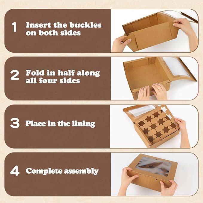 Moretoes 3 Pack Cupcake Boxes, Hold 12 Standard Cupcakes, Cupcake Containers with Window and Inserts,Bakery Supplies for for Cupcakes, Muffins and Pastries(Brown)