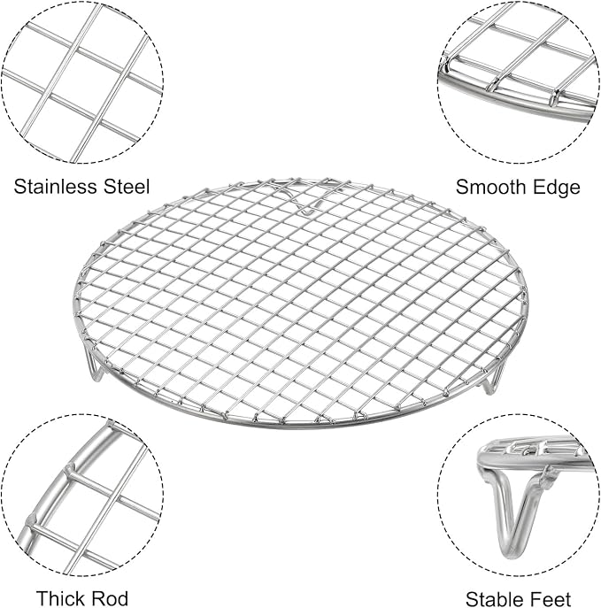uxcell Round Cooking Rack with Legs, Dia 9.8 Inch 304 Stainless Steel Barbecue Grill for Cooking Baking Barbecue Air Fryer Racks, Silver