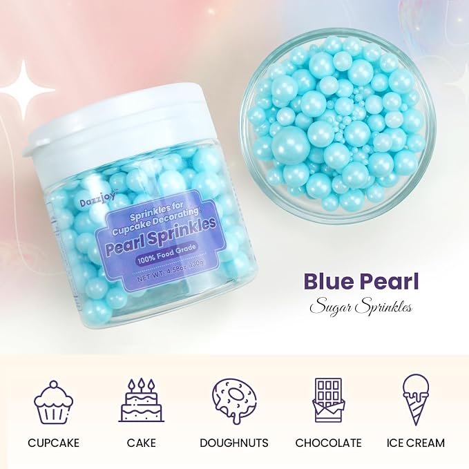 Dazzjoy Blue Edible Pearl, Edible Pearls Sugar Sprinkles, 130g/4.58oz, Blue Pearls Sprinkles for Cake Decorating, Cupcake Toppers, Baking Cake Decoration, Wedding Party Holiday Supplies