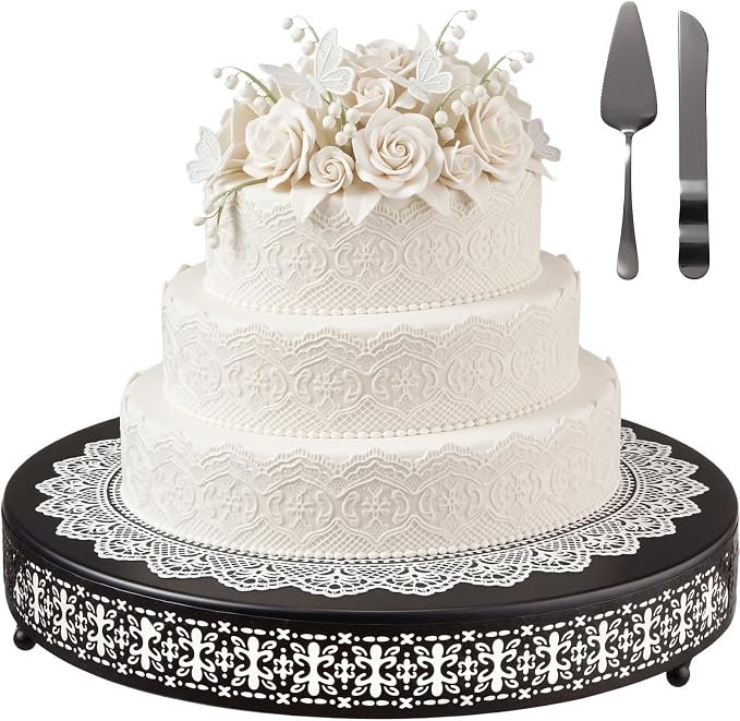 Wenqik Black Cake Stand 20 Inch Metal Round Cupcake Dessert Wedding Cake Stand with Cutting & Spatula Cookies Display Holder Fruit Serving Tray for Table Wedding Birthday Anniversary Party