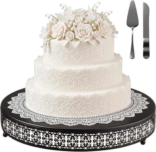 Wenqik Black Cake Stand 20 Inch Metal Round Cupcake Dessert Wedding Cake Stand with Cutting & Spatula Cookies Display Holder Fruit Serving Tray for Table Wedding Birthday Anniversary Party