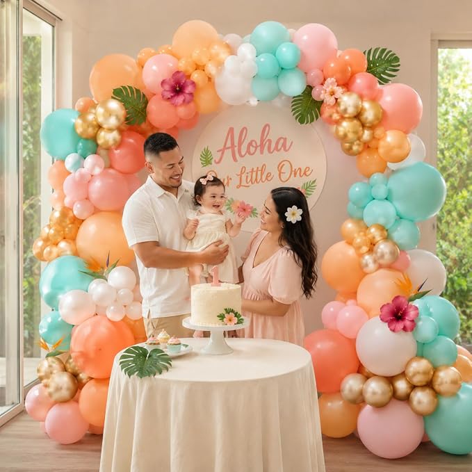 Tropical Balloon Arch Kit, 149 PCS Hawaiian Luau Balloons Garland Pink Teal Orange Coral Metallic Gold Latex Balloons for Flamingo Summer Aloha Beach Pool Baby Shower Birthday Party Decorations