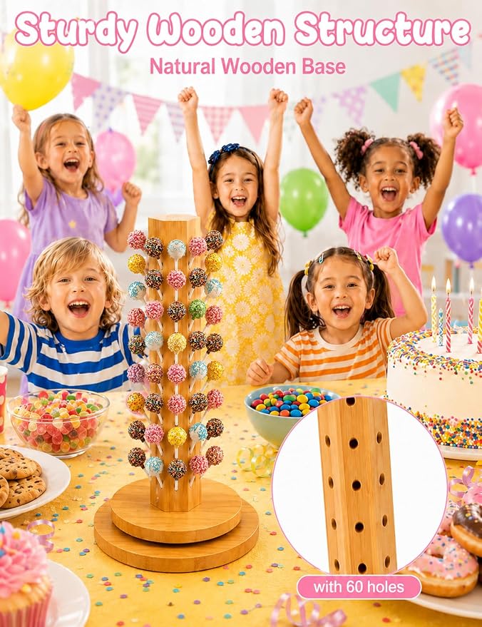 Wood Cake Pop Stand 36 Holes with Spinning Base,Cake Pop Holder Stand for Dessert Table,Lollipop Holder Candy Table Display with Treat Bags,Lollipop Sticks & Gold Twist Ties, Dessert Stand for Wedding Birthday Baby Shower Parties Anniversaries (kit)