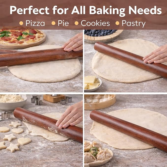 17 Inch French Rolling Pin, Wooden Dough Roller for Baking, Solid Wood Tapered Rolling Pin for Pizza, Pie Crust, Cookies, Pastry, Non-Stick, Easy Control Kitchen Baking Tool, African Rosewood