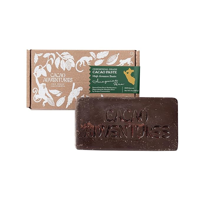 Ceremonial Grade Cacao Block – 100% Pure Cacao Paste, High-Amazon Basin Peru, Unsweetened Vegan Drinking Chocolate for Rituals & Meditation, 8 oz