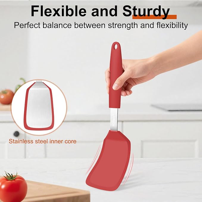 Silicone Spatula, 13 x 3.2 In, 600°F Heat Resistant (Red) | Flexible Turner, BPA Free, Non Scratch for Non Stick Frying Pan, Kitchen Cooking, Flipping, Dishwasher Safe