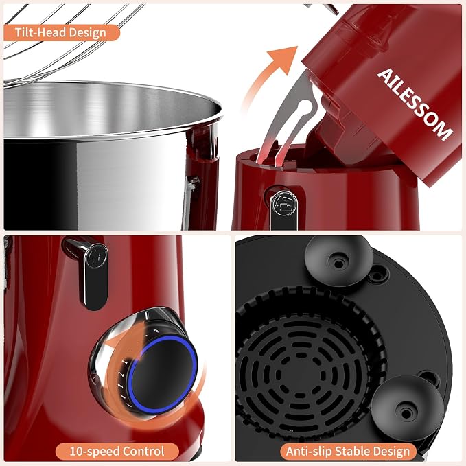 SAMSAIMO 3-IN-1 Electric Stand Mixer, 10-Speed With Pulse Button, Attachments include 6.5QT Bowl, Dough Hook, Beater, Whisk for Most Home Cooks (Empire Red)