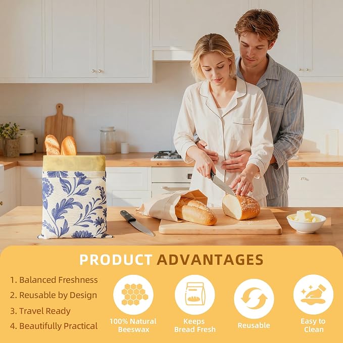 2 Pack Beeswax Bread Bags for Homemade Sourdough Bread, Includes 2 Wraps, 17×13 Inches Organic Cotton Bread Storage Bags, Keeps Bread Fresh, Ideal for Bakers, Kitchen, Travel