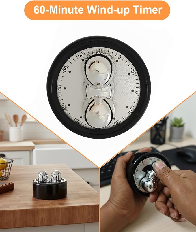 Kitchen Timer, 60-Minute Mechanical Timer with Magnetic Back - No Batteries Required - Loud Alarm, Wind Up Manual Time Countdown Reminder for Cooking, Baking, Exercise, Study, Working, Gaming, Black