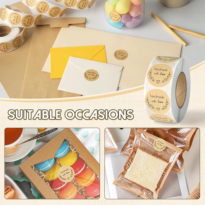 500PCS Handmade with Love Stickers, Kraft Made with Love Tags 1 Inch(25mm) Seal Labels Self-Adhesive for Baked Packaging Envelope Homemade Gift Small Business（Classic）