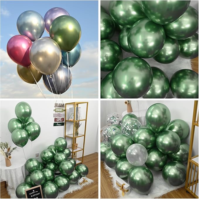 Jobkoo Green Metallic Balloons, 50Pcs 10Inch Chrome Dark Green Balloons Metallic Retro Sage Olive Green Party Balloons Hunter Green Chrome Helium Balloon for Jungle Birthday Graduation Wedding Decor