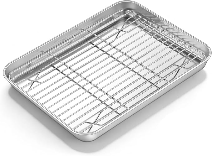 Homikit Baking Sheet with Wire Rack (1 Pan + 1 Rack), 10.4 x 8 Inches Stainless Steel Small Baking Pan with Cooling Rack, Metal Cookie Sheets Bacon Tray for Toaster Oven, Rust Free & Dishwasher Safe