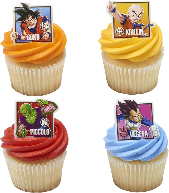 24 Dragon Ball Z Cupcake Rings | DecoPac Cupcake Toppers Featuring Goku, Vegeta, Krillin, Piccolo | Food Safe Square Decorations - 24 Pack