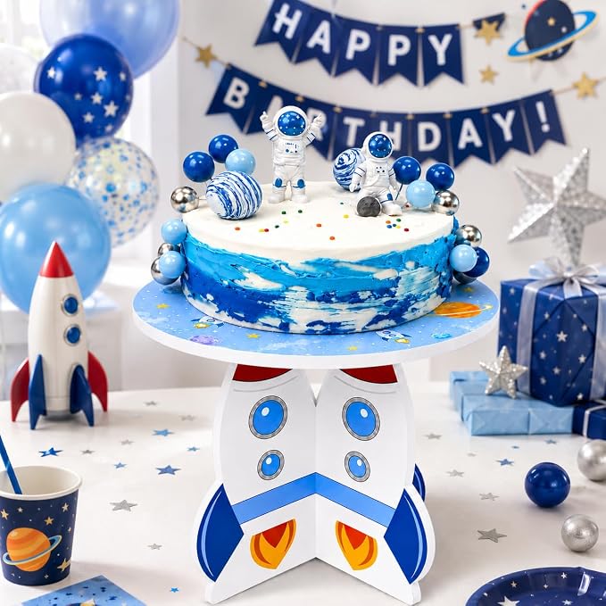 Rocket Cake Stand, 3D PVC Space Theme Dessert Display Stand for Birthday Party, Baby Shower and Outer Space Decorations, Cake Holder for Cupcakes, Cakes and Sweets