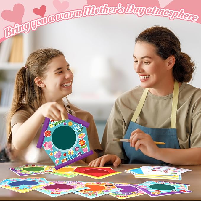 Dianelhall 24 Sets Mother's Day Picture Frame Craft Kit Love You Mom Photo Crafts Spring House Picture Frame Gift with Flower Stickers for Spring Mother's Day Classroom Holiday Party Activities(House)