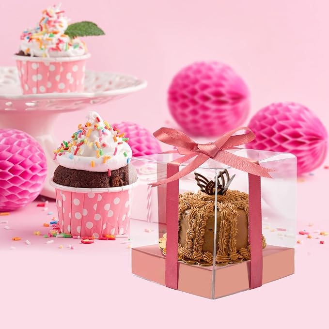 12 Pack Clear Plastic Cupcake Boxes, 3.5 Inch Gold Single Cupcake Containers Disposable Individual Cup Cake Carrier Holder Boxes with Inserts and Ribbon (Rose gold)
