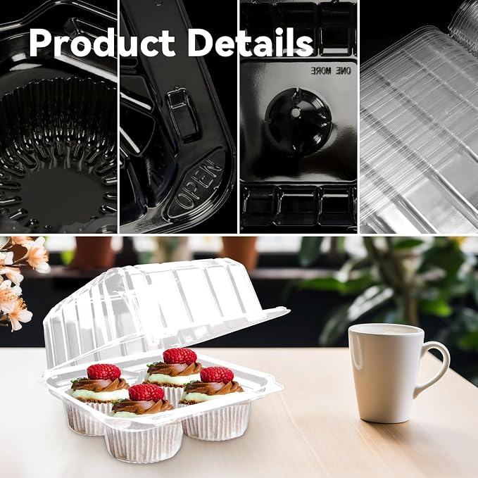 20/40 Pack 4-Compartment Cupcake Containers | Clear Plastic Cupcake Boxes, 4-Cavity Cupcake Holders with Deep Dome for Bakery Muffin Dessert