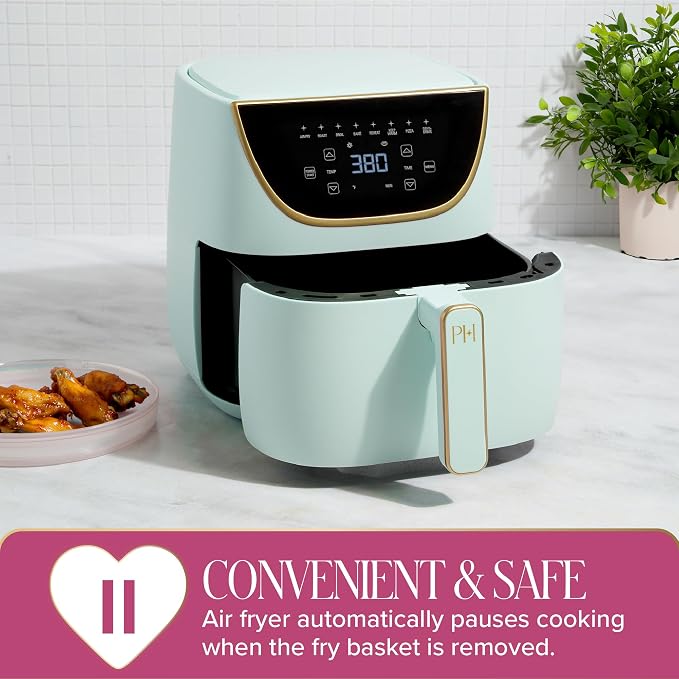 Paris Hilton Air Fryer, Large 6-Quart Capacity, Nonstick Made without PFAS, Touchscreen Display, 8-in-1 (Air Fry, Roast, Broil, Bake, Reheat, Keep Warm, Pizza, Dehydrate), Dishwasher Safe, Aqua