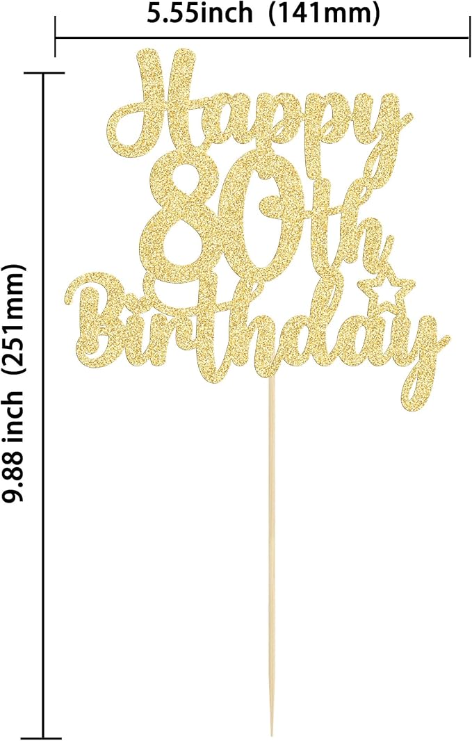 Gyufise 1Pc Happy 80th Birthday Cake Topper Glitter Cheers to 80 Years Old Birthday Cake Pick for Happy 80th Birthday Anniversary Party Cake Decorations Supplies Gold