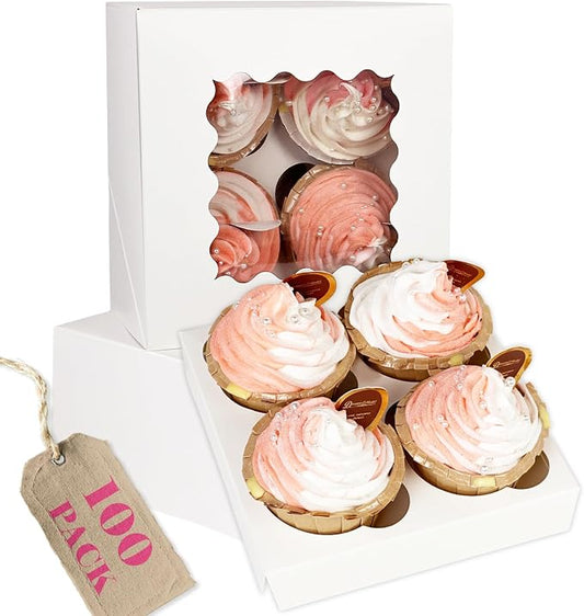qiqee Auto-pop Up Cupcake Boxes with Window White 100PCS 4 Count Cupcake Box 6.3"x6.3"x3" Cupcakes Carrier, 4 Cupcake Containers
