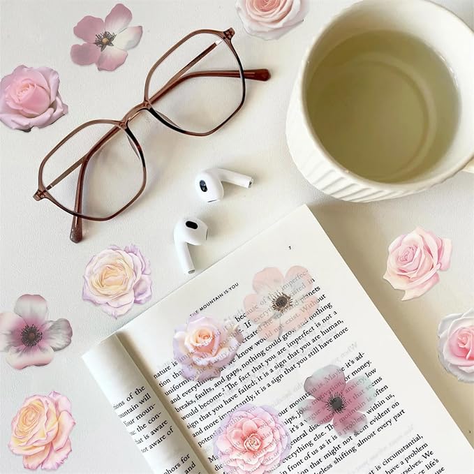 50Pcs Pink Flower Stickers for Laptop Water Bottle, Daisy and Rose Decals Self-Adhesive Scrapbooking Stickers Supplies Journal Stocking Stuffers for Adult Card Making Letters DIY (Colourful-B2)