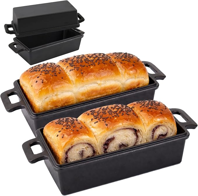 9×5 Inch Cast Iron Loaf Pans with Lids Even Heat Distribution for Baking Bread, 2 Pack Non-Stick Bread Pans for Homemade Sandwich and Sourdough Bread