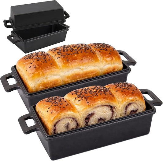 9×5 Inch Cast Iron Loaf Pans with Lids Even Heat Distribution for Baking Bread, 2 Pack Non-Stick Bread Pans for Homemade Sandwich and Sourdough Bread