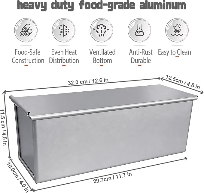 Pullman Loaf Pan with Lid, 13x4 inch, 2.2lb Uncoated Sandwich Bread Pan,Heavy-Duty Aluminized Steel Toast Box with Cover for Homemade Sourdough Bread
