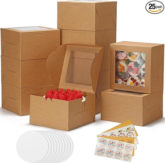 COTOPHER 50 Pcs Cake Boxes 8 Inch, 8x8x5 Inches Cake Containers (25 Boxes & 25 Boards), Brown Bakery Boxes with Windown for Cookies, Desserts, Cupcake, Pastries, Birthday, Wedding, Mother's Day