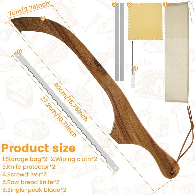 2 Pack Wooden Bread Bow Knife Set,Durable High Carbon Steel Cutting Blade,Multipurpose Slicer for Sourdough, Baguette,Cheese and Fruit,Comes with Screwdriver,Covers & Storage Pouches
