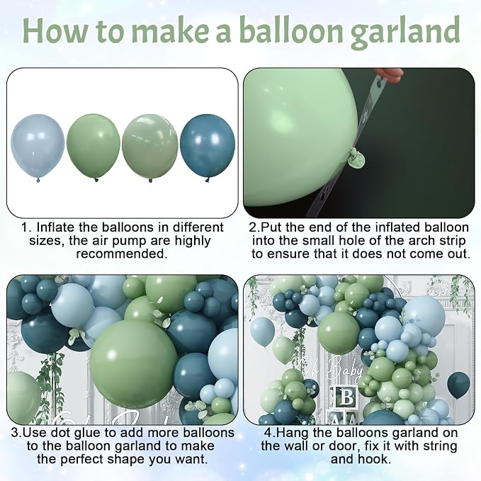 Blue and Green Balloon Arch Kit 107Pcs Dusty Blue Sage Green Balloons Garland Retro Slate Haze Fog Pale Gray Birthday Party Balloons for Boys Rustic Navy Woodland Jungle Baby Shower Decorations