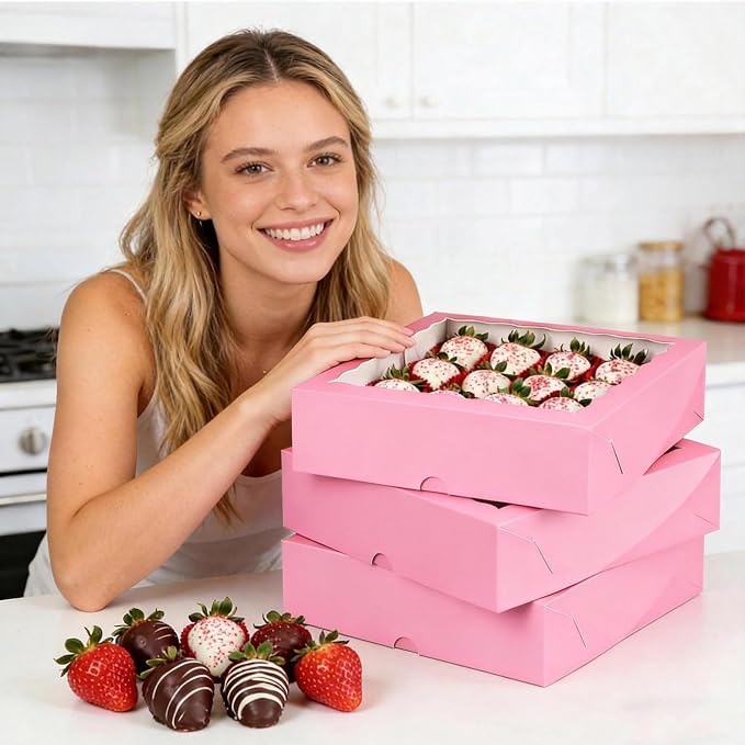 Pie Boxes Pink Bakery Boxes with Window (6pcs, 9x9x2.5 Inch) for Christmas: Ideal for Pie, Cookies, Chocolate Covered Strawberries, Breakable Heart & Charcuterie