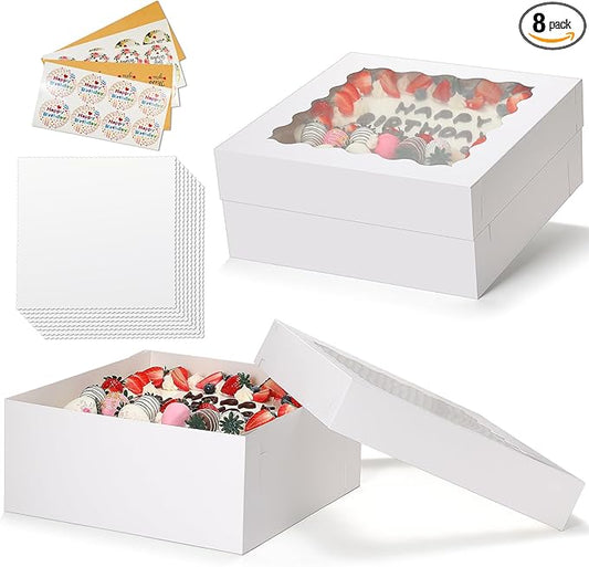 COTOPHER 14x14x6 In Sheet Cake Boxes, 16 Pcs White Bakery Boxes with Large Window (8 Boxes & 8 Boards), Cake Containers for Quarter Cakes, Donuts, Cupcakes, Brownie, Pastry & Pies Packaging